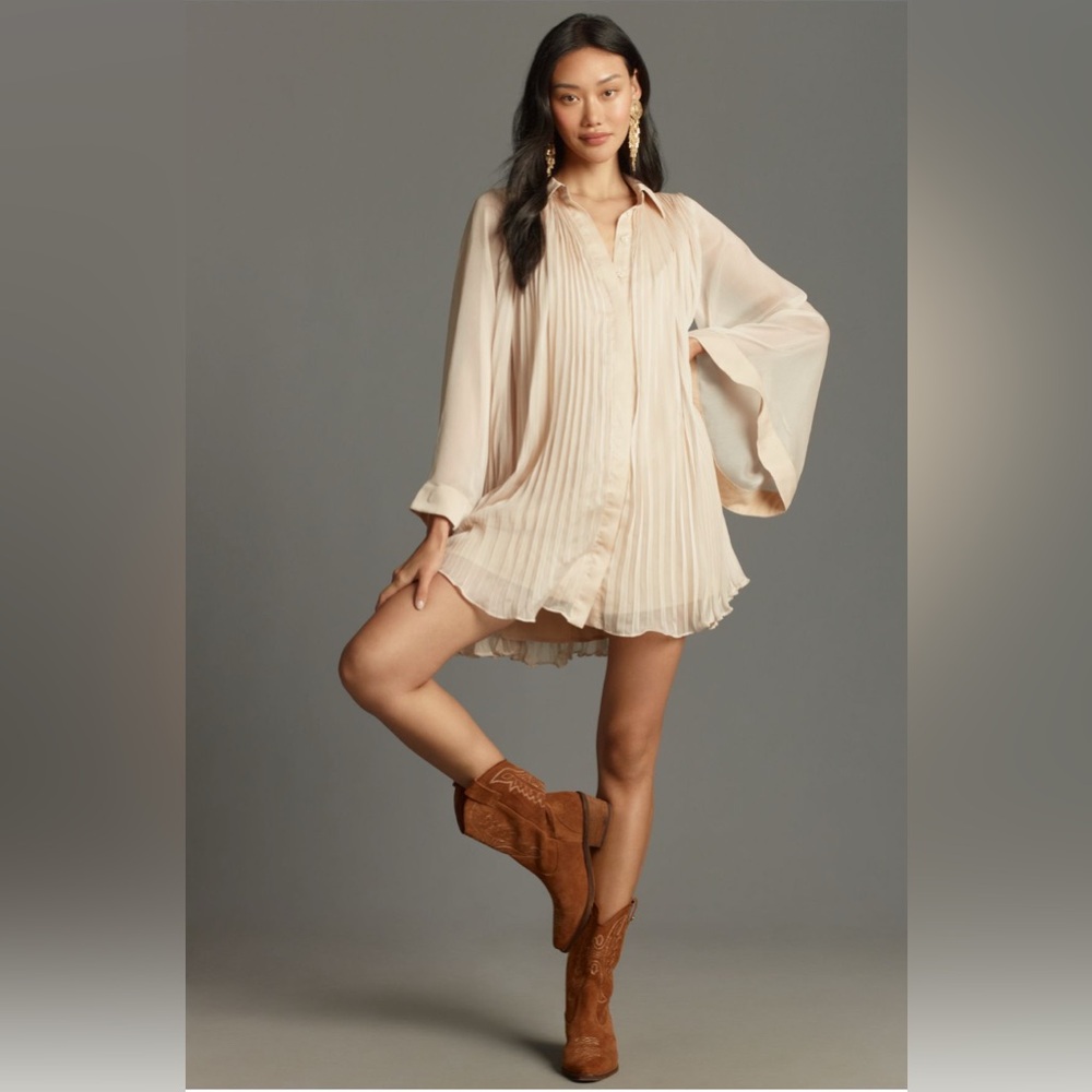 NWT Anthropologie Cream Pleated Stylish Shirt Like Mini Dress Women’s LP - Picture 3 of 16